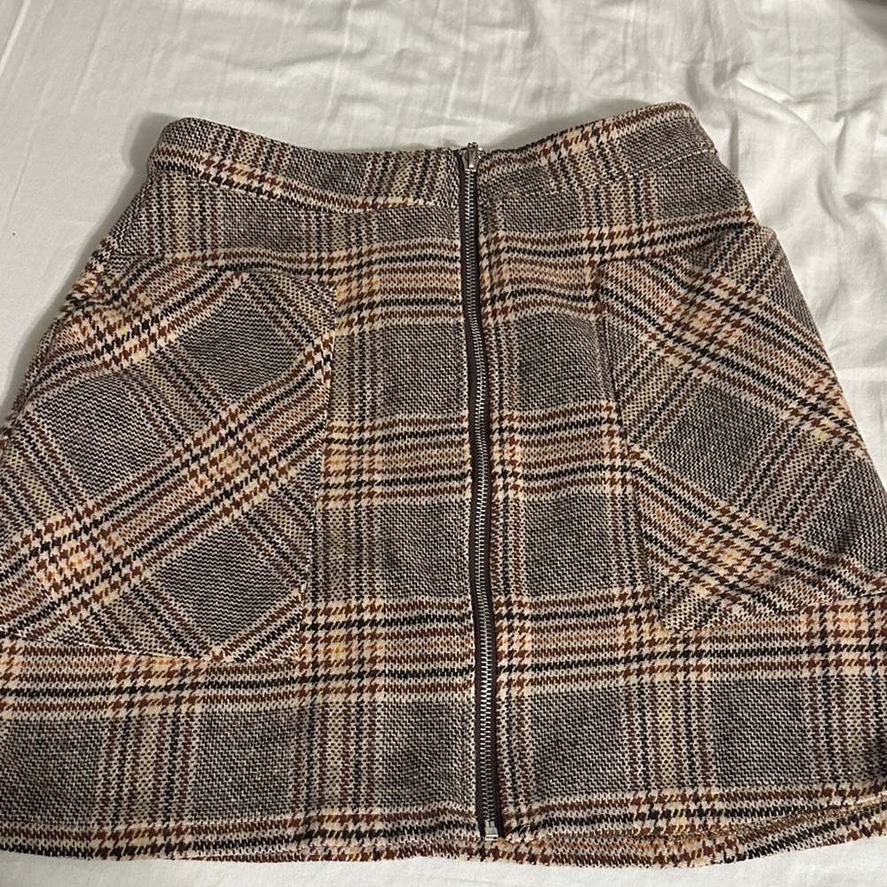 High-Waist Plaid Mini Skirt with Front Zip - Brown